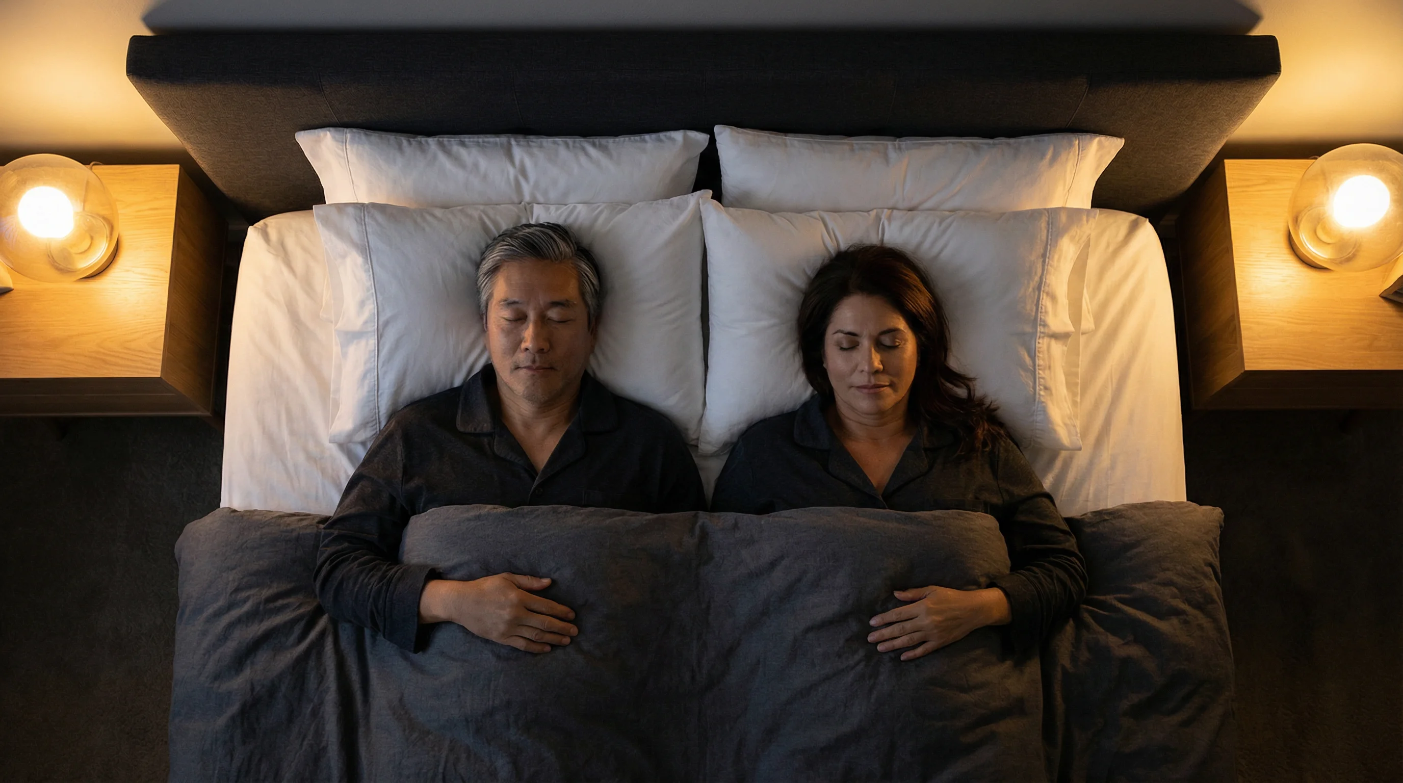 Couple sleeping peacefully on FluffCo pillows