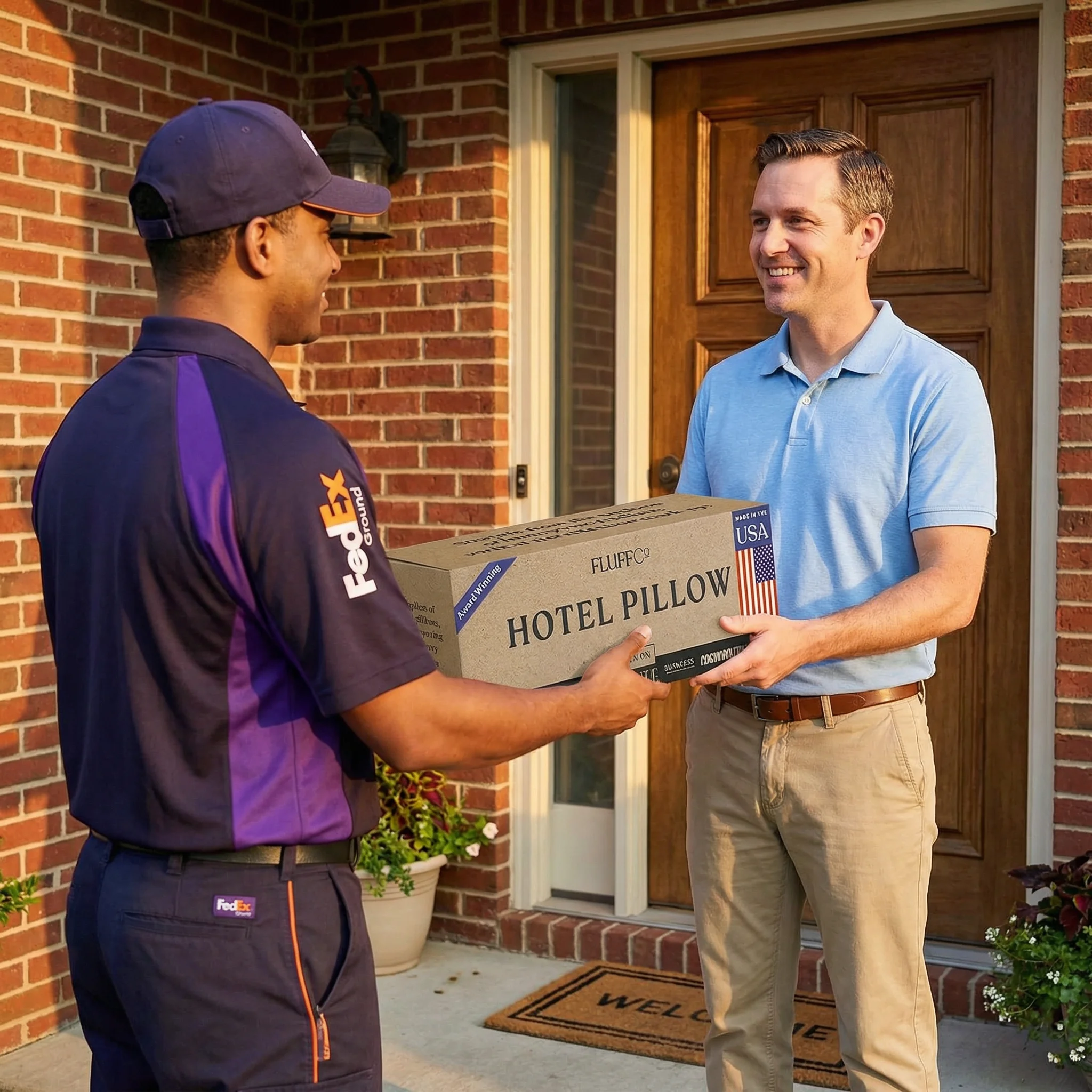 FedEx delivery of FluffCo pillow to happy customer