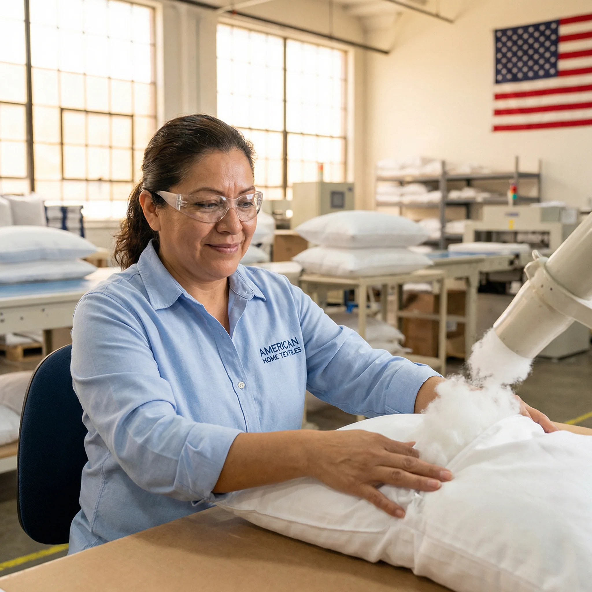 American factory worker crafting FluffCo pillow