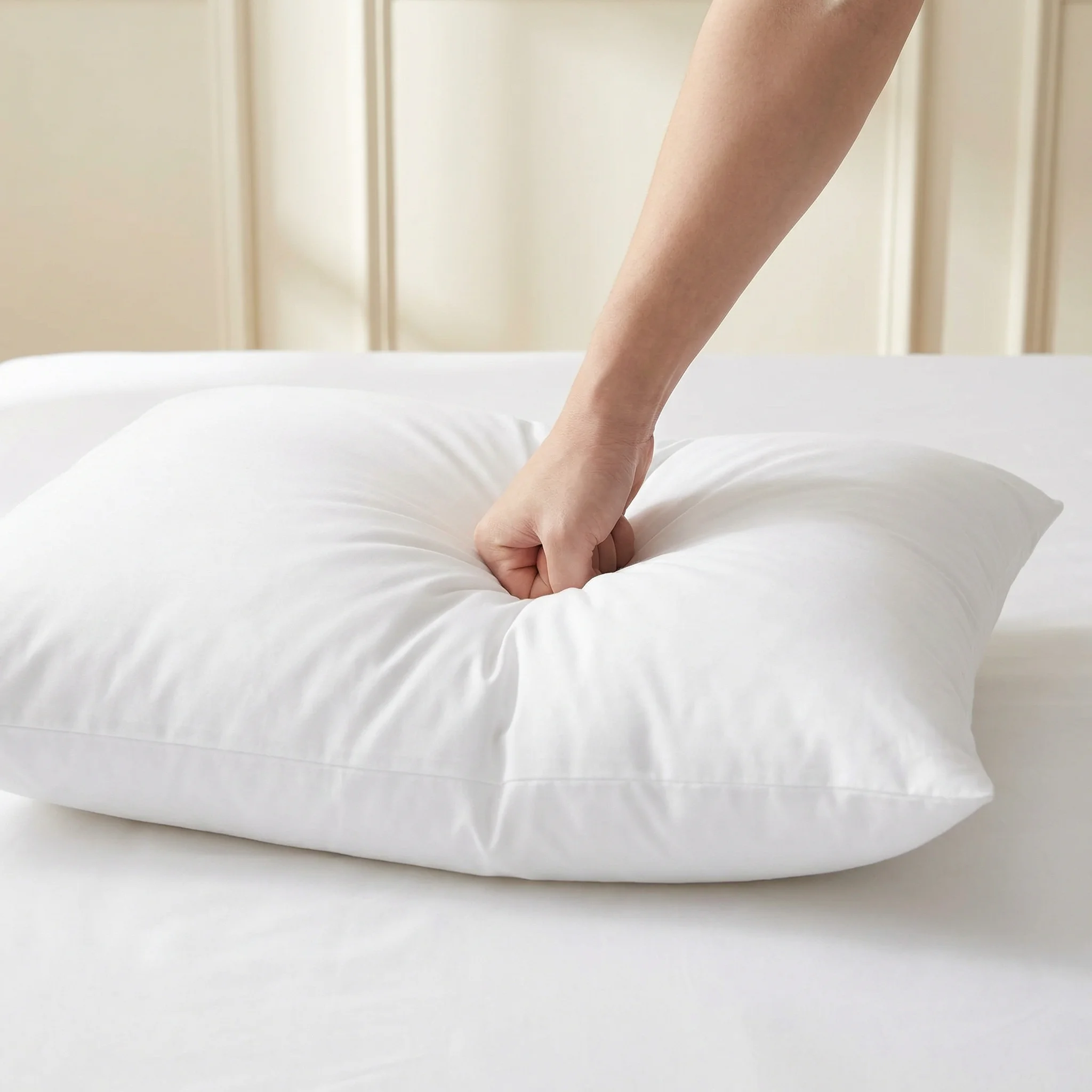 Hand pressing pillow showing lasting shape and comfort
